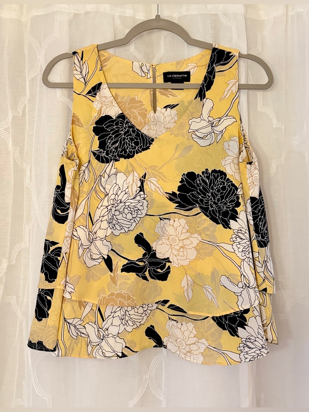 Liz Claiborne Small Yellow Black Floral Layered Sleeveless Blouse